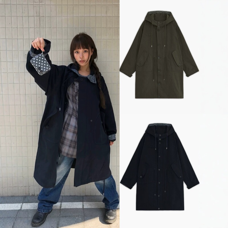 Korean designer oheshi* small floral print hooded trench coat, Korean-style women's clothing, vintage washed and distressed outerwear
