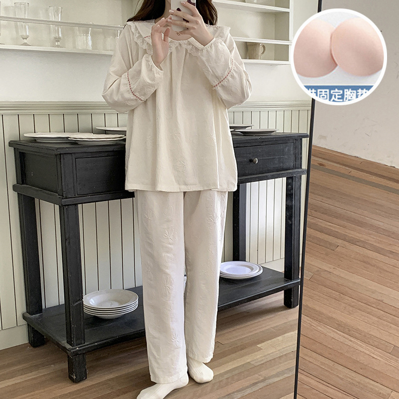 云朵棉睡衣女款春秋季带胸垫长袖韩版ins甜美宽松大码家居服套装|undefined