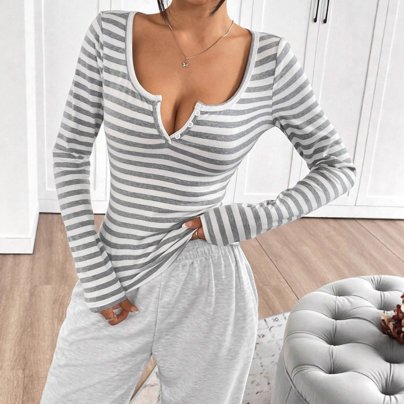 Striped Contrast Button Design Right Shoulder Long-Sleeved T-Shirt for Women 2025 Early Autumn New Slim Fit Versatile Top