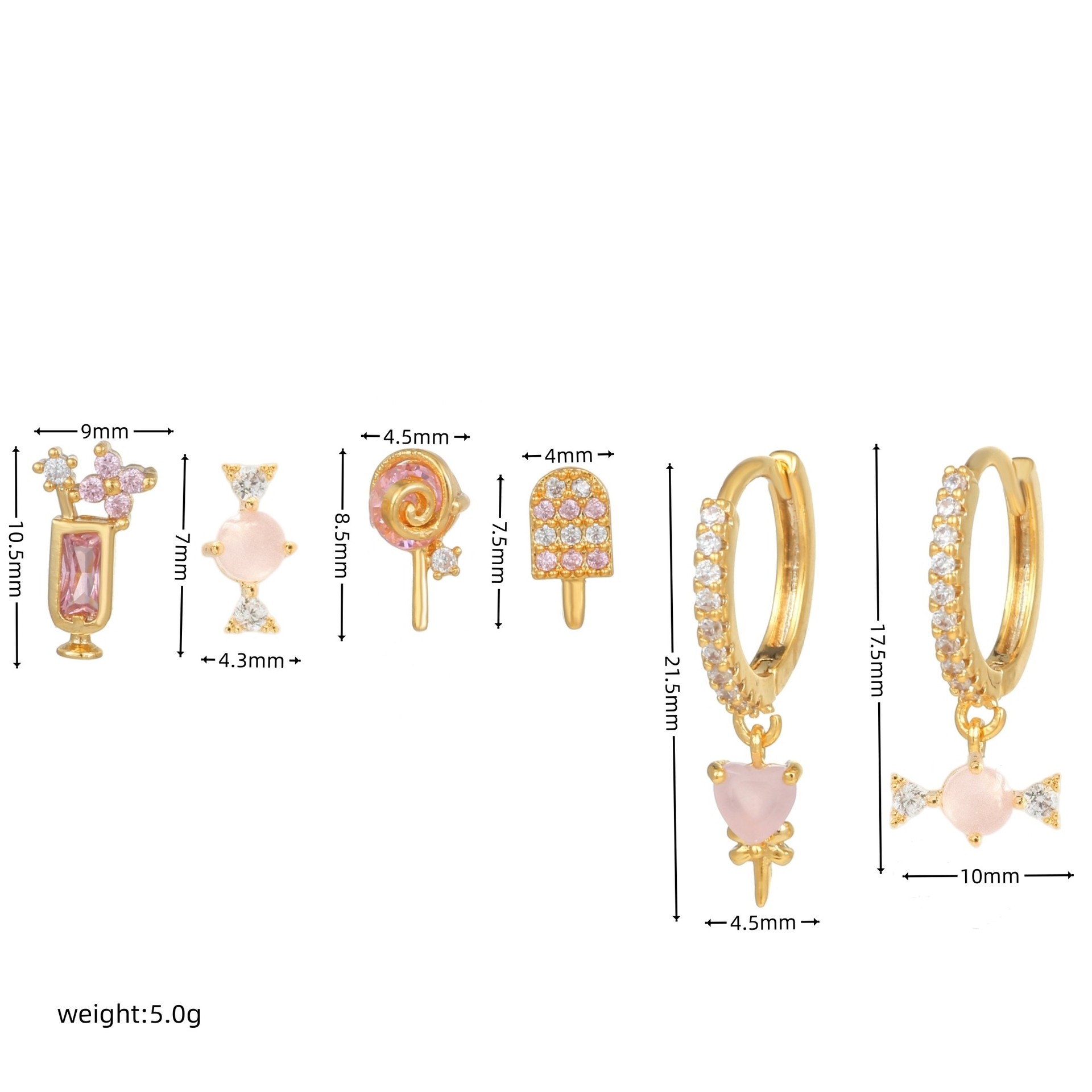 Cute Ice Cream Candy Copper Asymmetrical Inlay Zircon Dangling Earrings Ear Studs 1 Set
