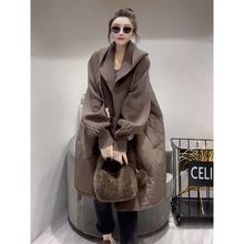 2025冬季新款针织连帽拼接棉服外套女大码宽松显瘦中长款大衣外穿