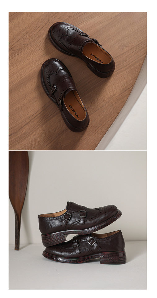 Giày loafer nữ mũi tròn bít phong cách Anh quốc, khóa thắt lưng trang trí — màu nâu chi tiết 13