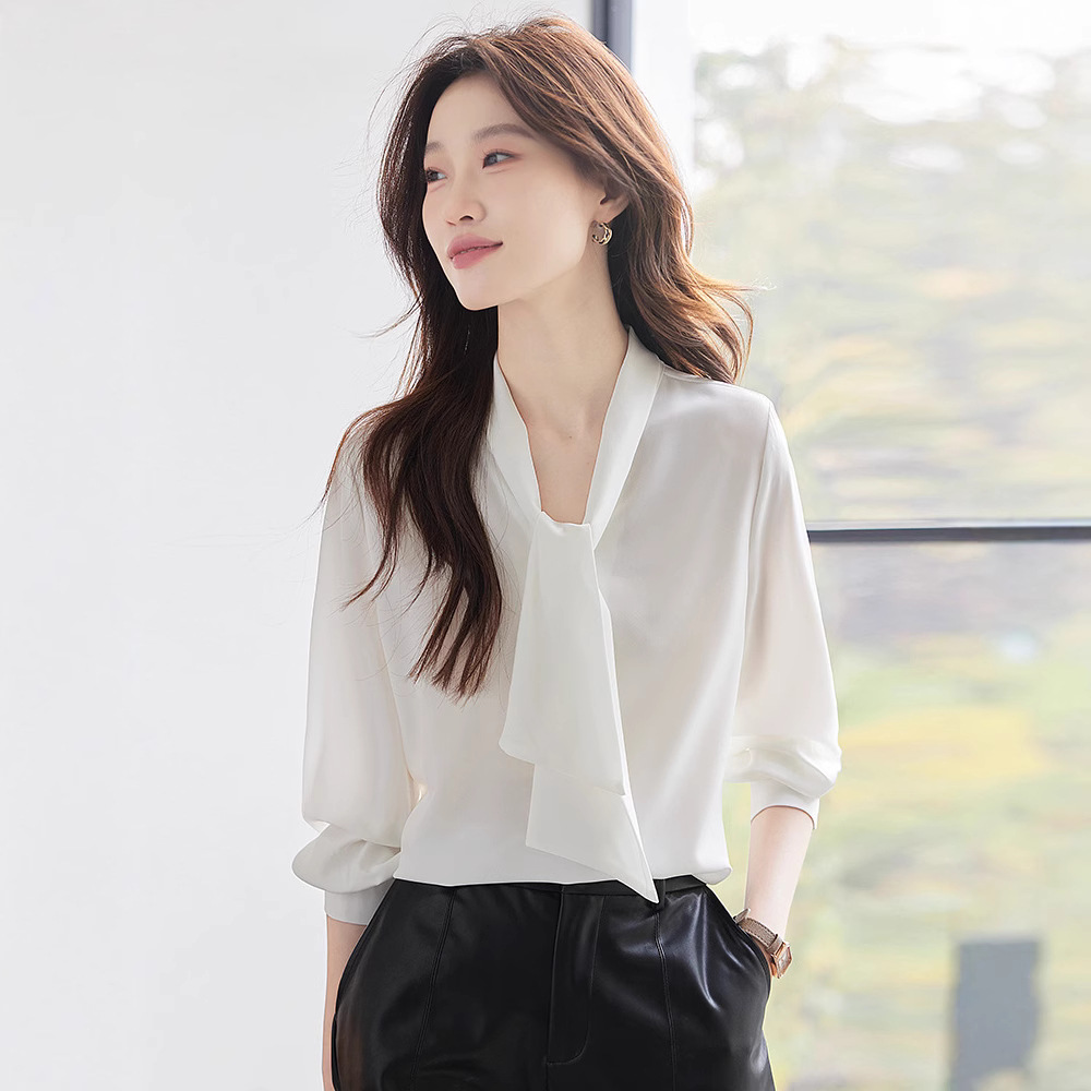 2025 봄과 여름 새로운 우아한 우아한 V 넥 활 리본 쉬폰 셔츠 슬리밍 긴 소매 화이트 셔츠 최고 여성