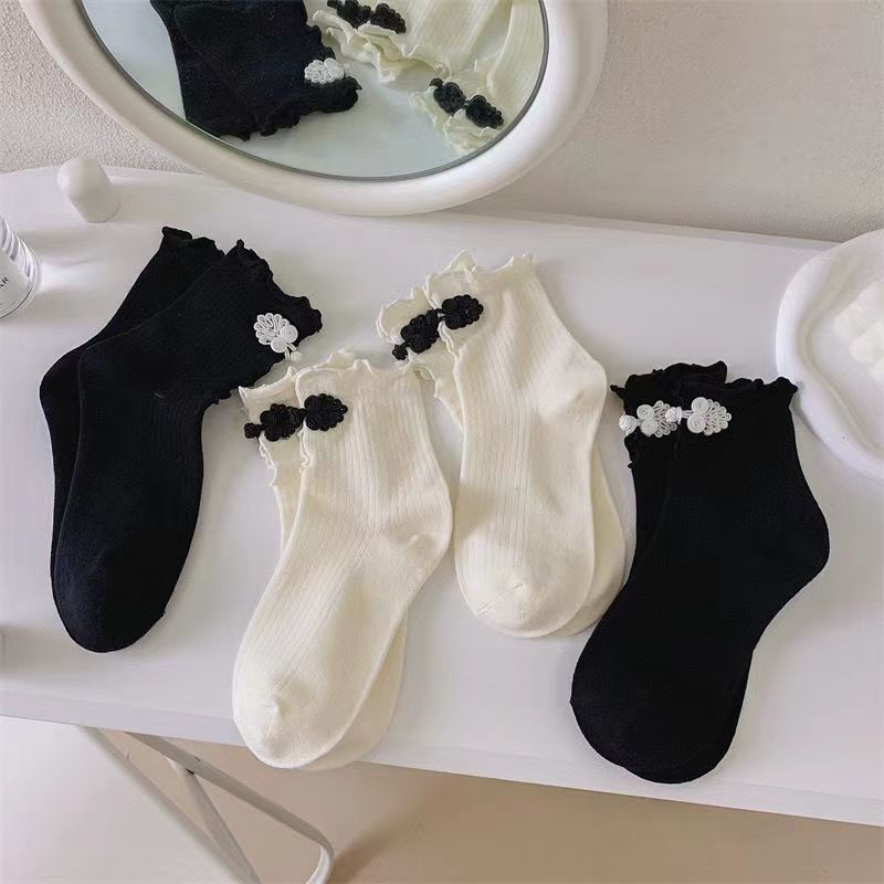 Lolita Socks Women's Mid-tube Socks Chinese Style Buckle Cheongsam Buckle Sweet Pile Socks New Arrival Ear-rimmed Stockings for Women