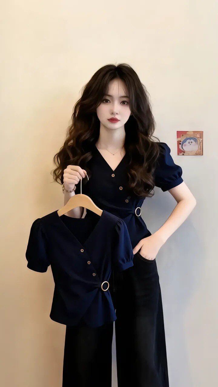 Áo sơ mi nữ cổ V tay ngắn thiết kế thời trang ôm dáng A1208 — Xanh lông mòng đen chi tiết 1