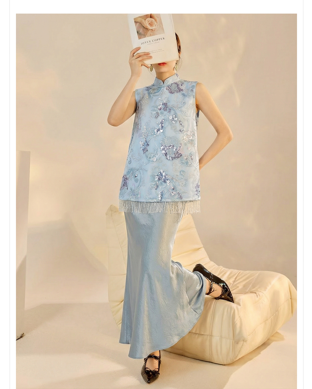 Áo gile nữ thêu sequin tua rua phong cách tân cổ điển xuân hè — xanh lam, màu mơ chi tiết 12