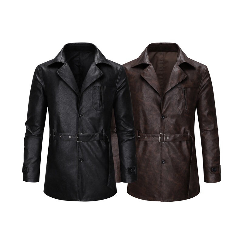 European Size New Men's Mid-Length Leather Trench Coat Korean Style Suit Collar Leather Jacket Casual Trendy Belt Coat Men's Cross-Border