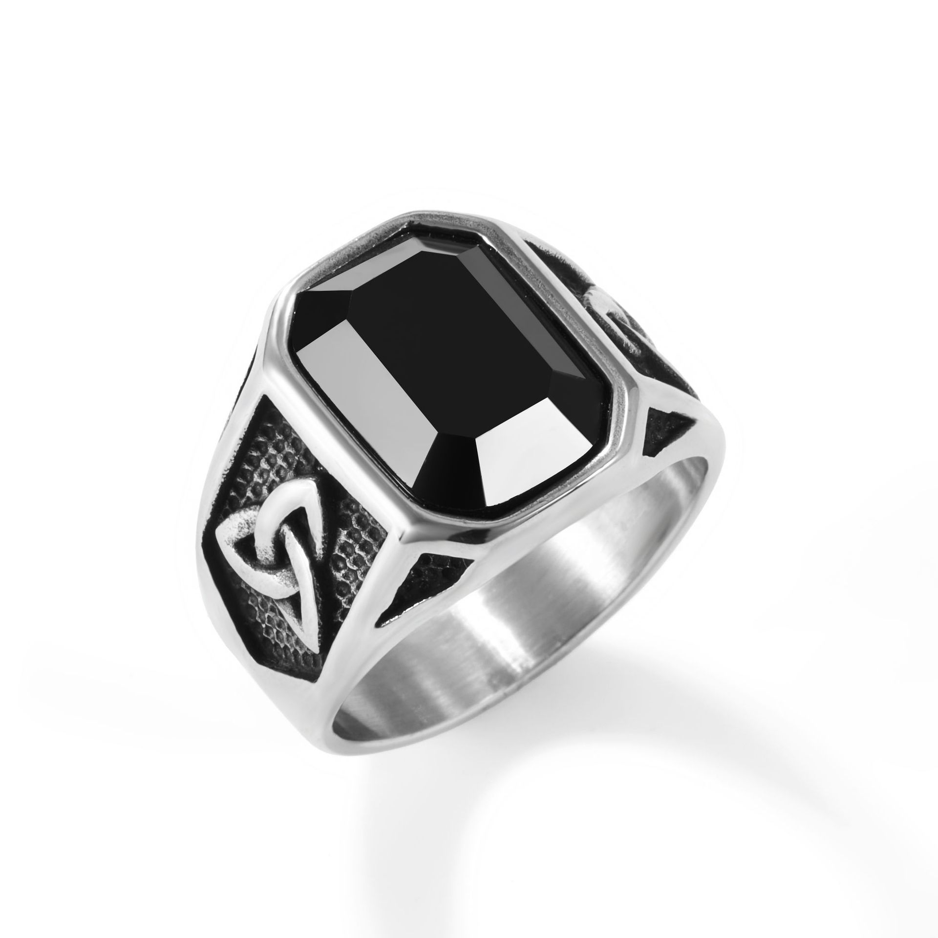European and American Foreign Trade Titanium Steel Jewelry Wholesale Men's Black Stone Stainless Steel Trinity Triangle Ring