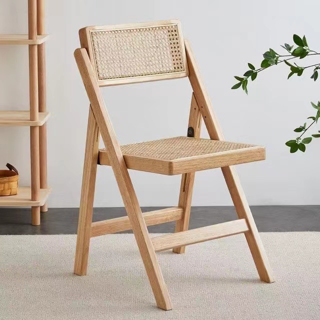Solid Wood Rattan Folding Dining Chair Home B&BBalcony Outdoor Portable Leisure Chair Japanese Desk Makeup Stool