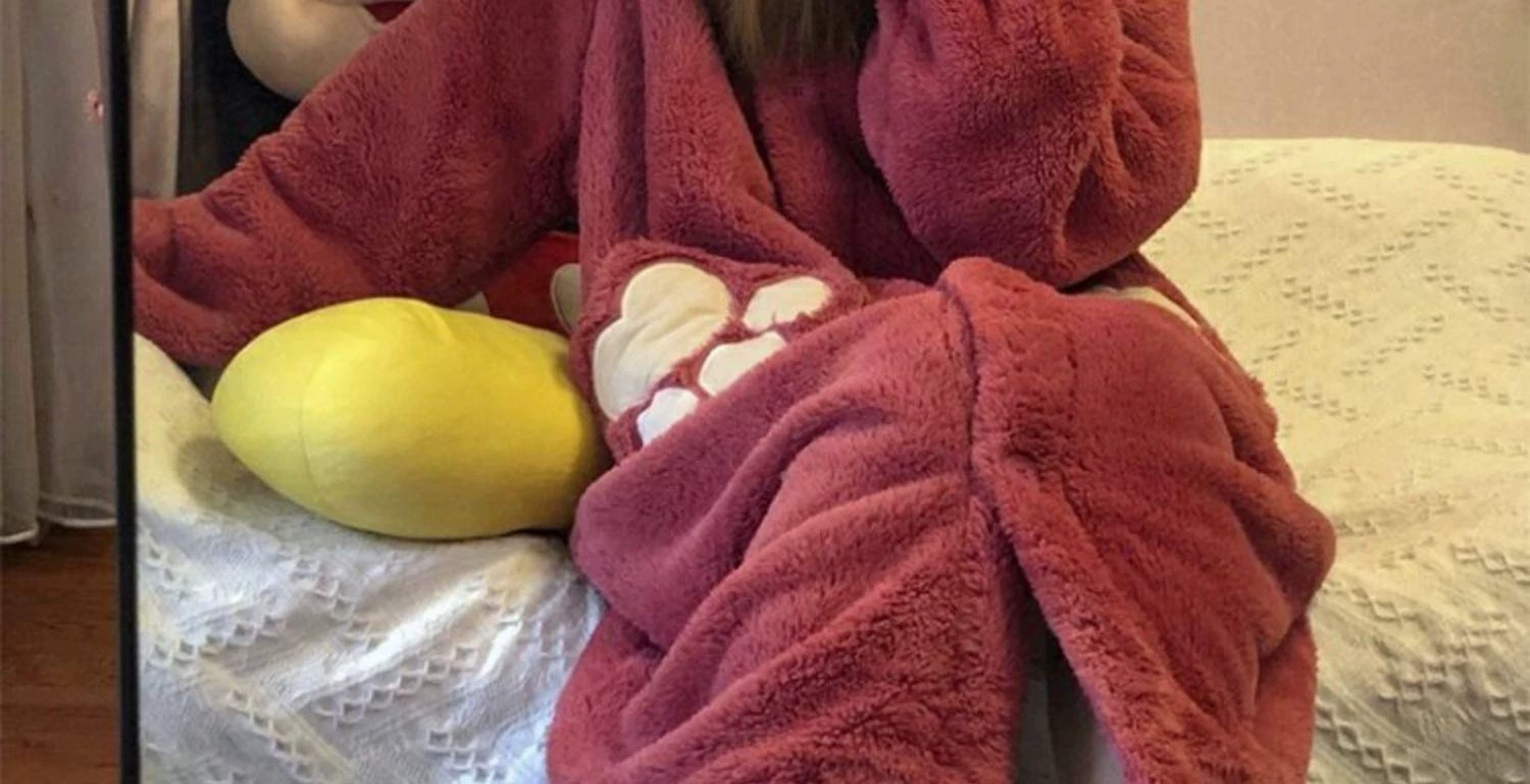 Cute coral strawberry, velvet pijama, winter warm skirt, long bathrobe, 2022, new collection
