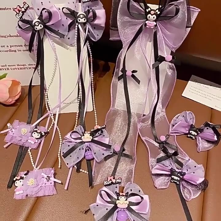 2025 New Girls Fresh Purple Kuromi Ribbon Bow Hairpin Long Tassel Ribbon Romantic Hair Accessories for Women