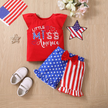 女童套装夏季字母飞袖两件套美国独立日国旗套装批发小童时尚童装