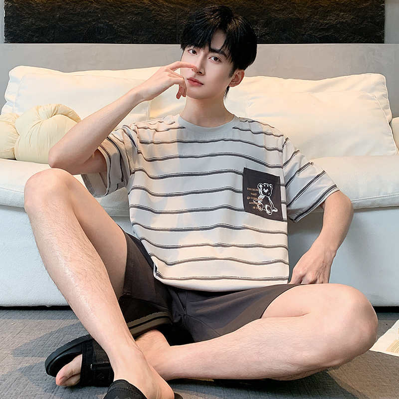 100% 純綿パジャマ男性半袖夏の薄いタイプの青少年カジュアルでゆったりした綿100% の家庭服セット