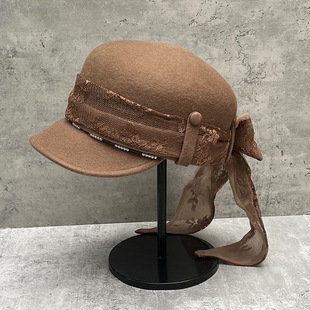 Autumn and winter Japanese style C4 lace mesh large bow pearl women's woolen peaked cap equestrian hat baseball cap