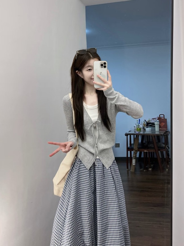 kumikumi温柔风套装系带长袖针织衫女装秋季显瘦半身裙长裙两件套|undefined