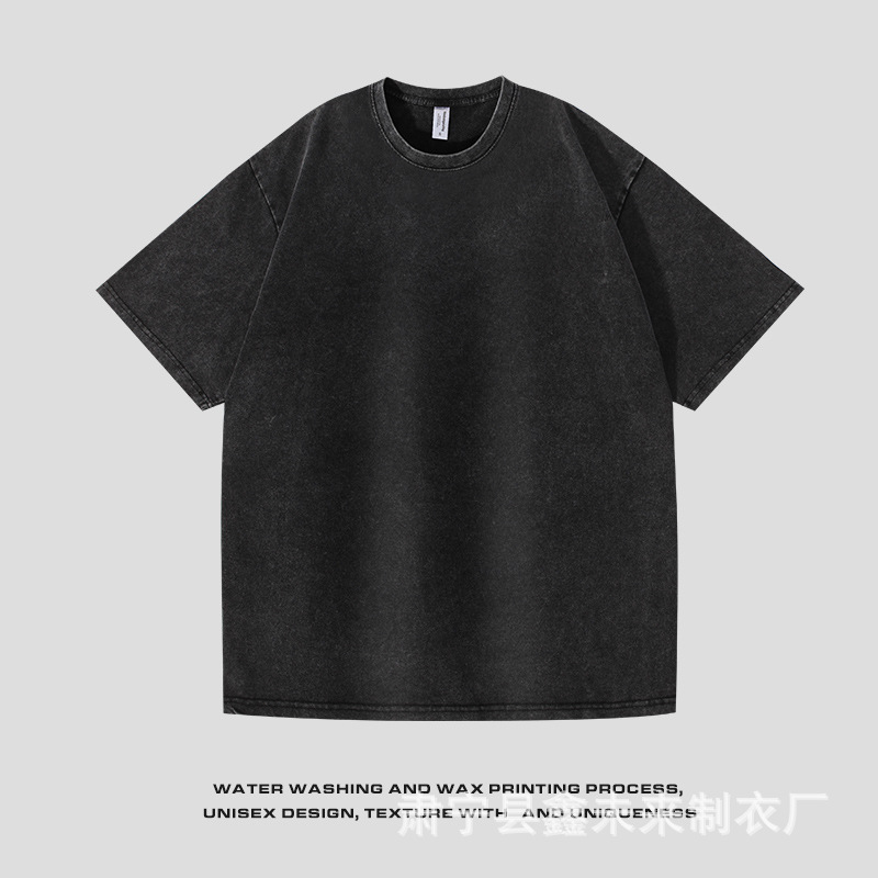 220g lavado y desgastado camiseta de cuello redondo para hombres y mujeres suelto americano retro salvaje de manga corta batik camisa de hombro caído