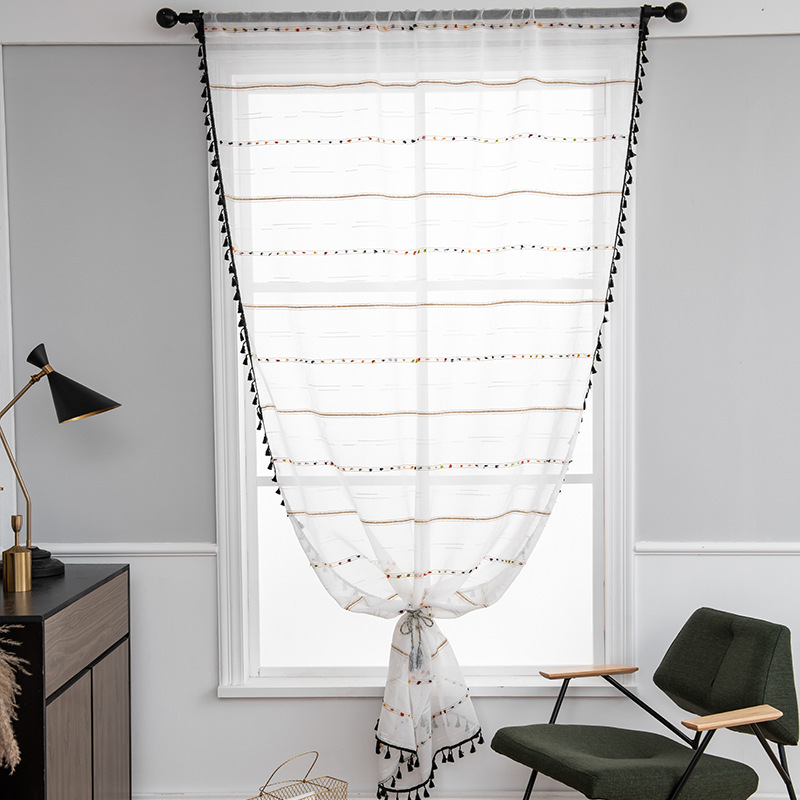 Cross-Border Exclusive Supply of Finished Curtains: Black Tassel Simple Style Kitchen Curtains, Bay Window Curtains, Sheer Light-Filtering Window Screens Cross-Border Exclusive Supply of Finished Curtains: Black Tassel Simple Style Kitchen Curtains, Bay Window Curtains, Sheer Light-Filtering Window Screens