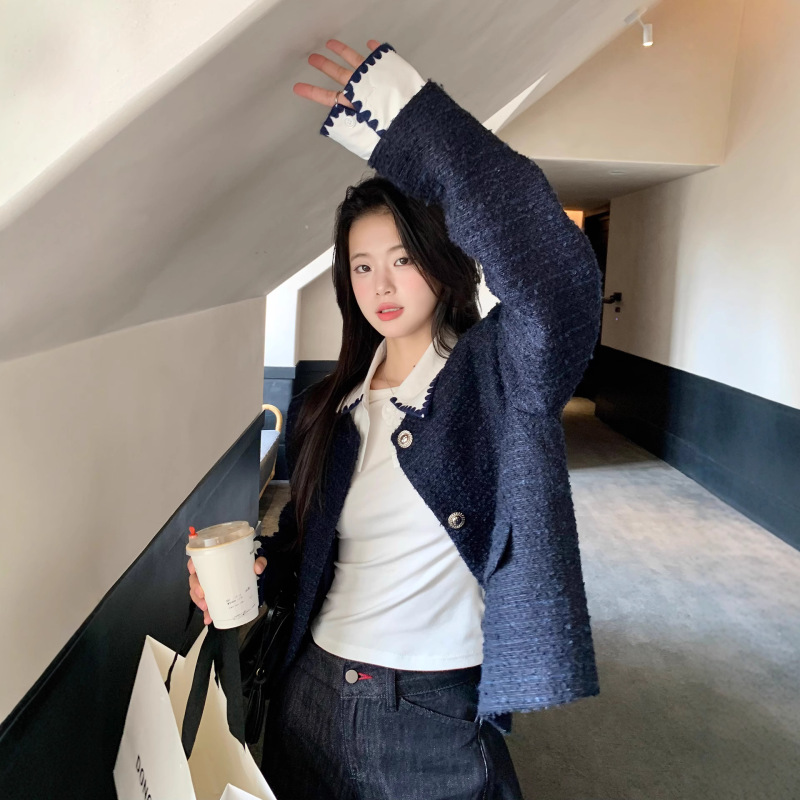 小仙倪子小香风外套女秋季超好看假两件撞色毛呢高级爆款毛呢上衣|undefined
