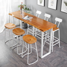 北歐實木長條桌咖啡廳吧台靠牆高腳凳簡約桌鐵藝家用室內桌椅組合