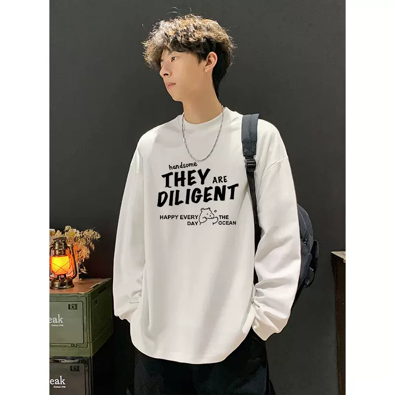 港风字母情侣春秋新款束口长袖T恤男打底帅气上衣服外穿秋衣卫衣