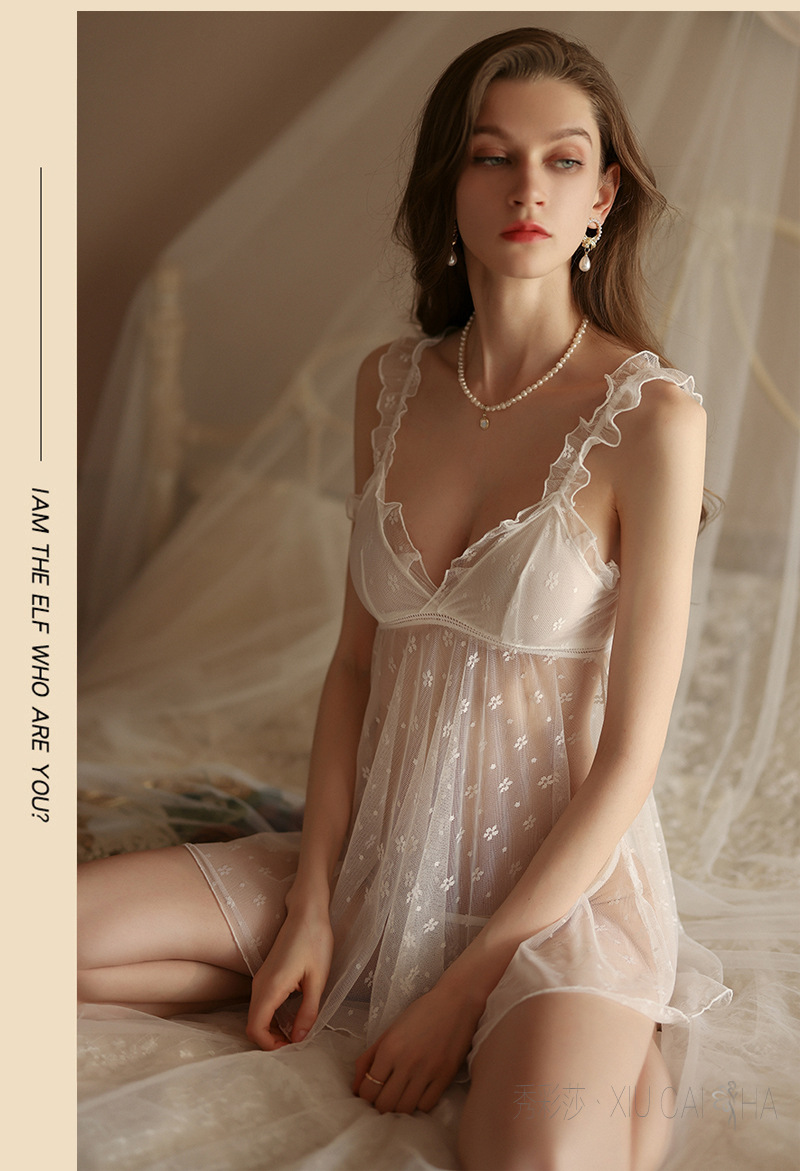 Lace Strap Babydoll Nightdress Set, Sheer Polyester Slip Style, White One Size — detail image 17