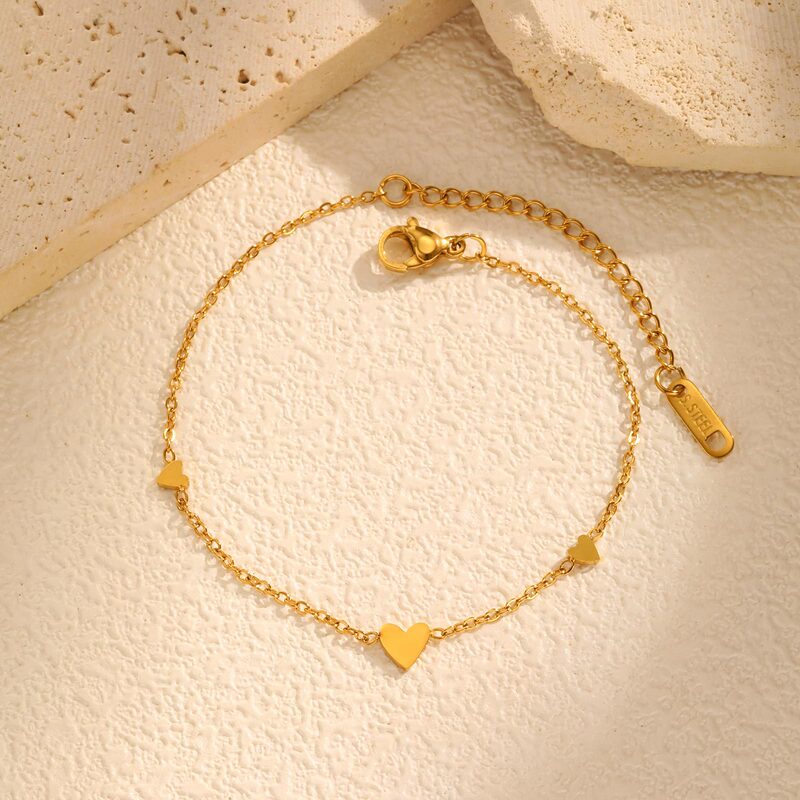 Women's Fashion Stainless Steel Flat Cross Chain Heart-Shaped Bracelet Gold Color Simple Jewelry