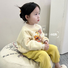 女童秋冬加绒加厚套装2023新款女宝宝一体羊驼绒卫衣卫裤两件套潮