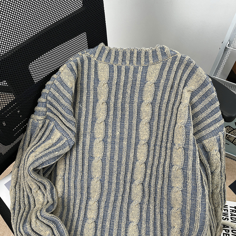 Suéter de punto a rayas retro americano de color mixto diseño perezoso nicho de diseño juvenil jersey de cuello redondo