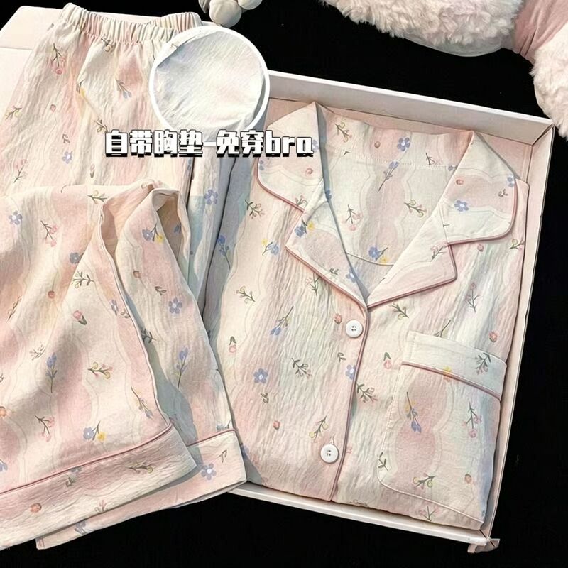 Tiktok Live-Stream Hot-Selling Spring and Autumn Women's Pajamas, Cloud Cotton Cardigan with Turn-Down Collar, Long Sleeves, Long Pants, with Chest Pads, Loungewear Set Tiktok Live-Stream Hot-Selling Spring and Autumn Women's Pajamas, Cloud Cotton Cardigan with Turn-Down Collar, Long Sleeves, Long Pants, with Chest Pads, Loungewear Set