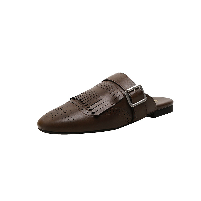 Grape Mom verano nuevo estilo cuero suave todo fósforo retro Bullock tallado borla hebilla Muller medio arrastre mujer image 6