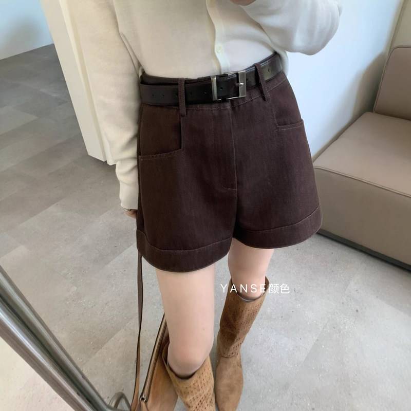 牛仔短裤女秋季新款韩版高腰显瘦百搭A字阔腿遮肉复古休闲阔腿裤|undefined
