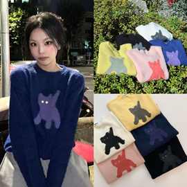 韩国小众 可爱猫咪镭射星星眼提花羊毛针织衫休闲毛衣