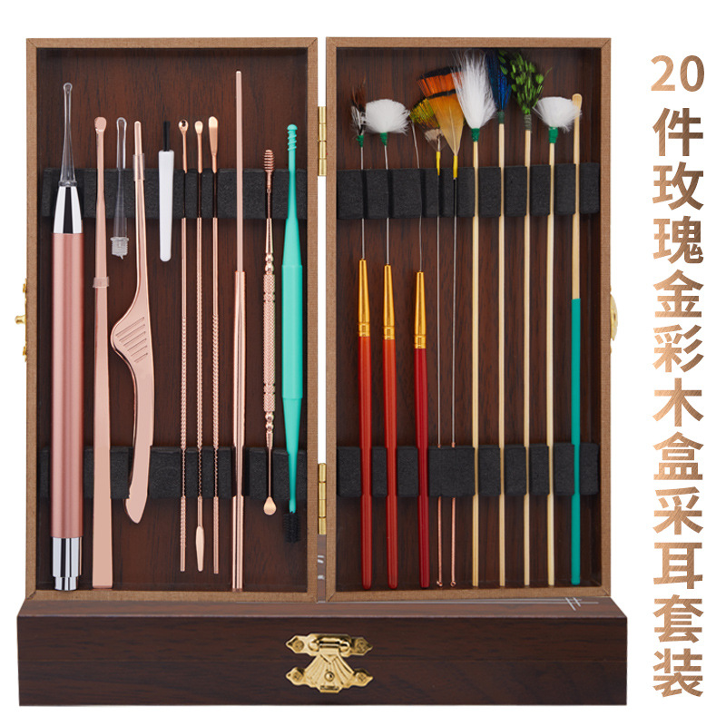Fábrica en stock oreja recoger limpieza del oído cera limpieza pluma de ganso palo oreja recogiendo el color del pelo caja de madera oreja recogiendo herramienta traje