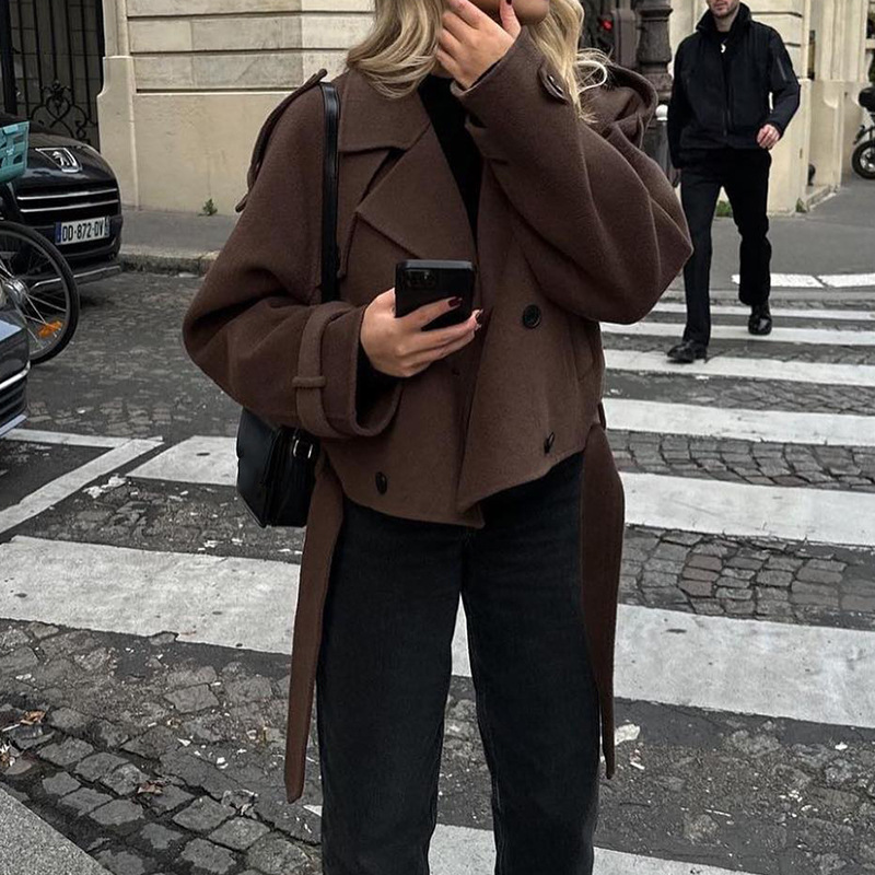 European and American cross-border 2023 autumn and winter women's woolen coat personality Street suit collar lace-up long-sleeved jacket coat for women