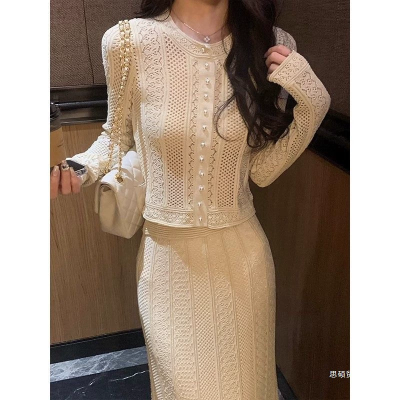 Французский костюм, вязаный крючком ажурный кардиган для похудения, полный комплект из двух частей, модная новая юбка