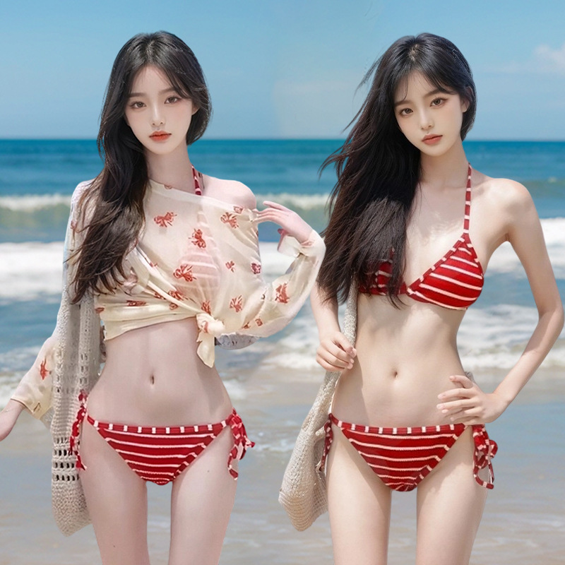 Parques acuáticos que cubren la carne y adelgazan bikini a rayas pantalones cortos sueltos vacaciones playa traje de baño sexy fabricante de origen femenino