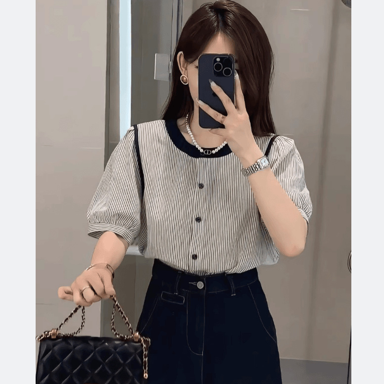 Crewneck Colorblock Short-sleeved Striped Shirt Women's 2024 Summer New Loose Slimming Casual Puff Sleeve Small Shirt Crewneck Colorblock Short-sleeved Striped Shirt Women's 2024 Summer New Loose Slimming Casual Puff Sleeve Small Shirt