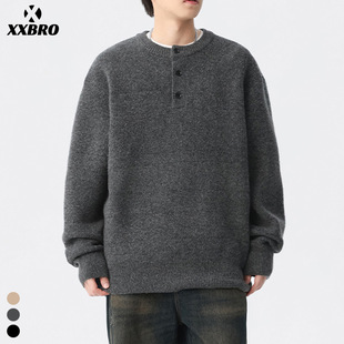 Xxbro Men's# Henry Collar Thickened Winter Lazy Style Knitted Inner Sweater Men's All-match Loose Base Shirt