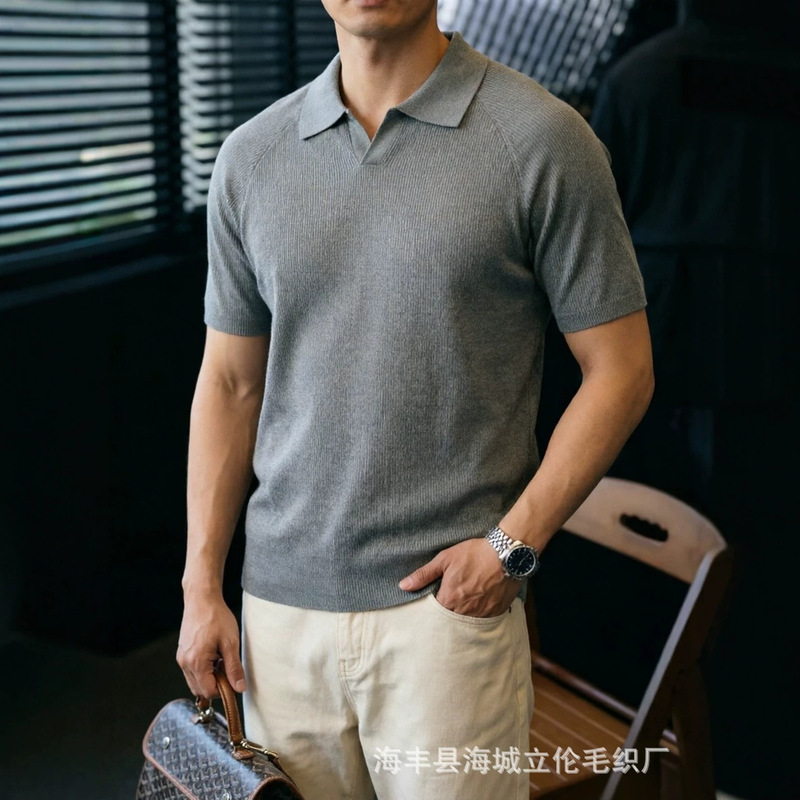 Summer New Style Old Money Style Knitwear Short-Sleeved Men's V-Neck Solid Color Casual Versatile Loose Thin Breathable Top