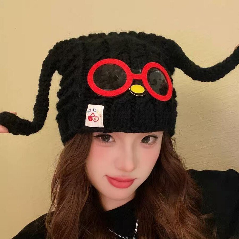 批发手工编织可爱眼镜小狗针织套头帽女秋冬保暖护耳毛线帽包头帽|undefined