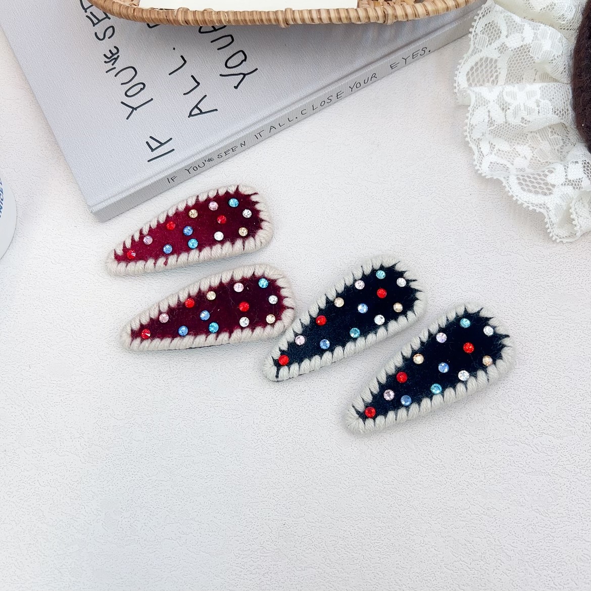 韓版復古時尚彩色水鑽絲絨毛線髮夾BB夾簡約百搭側邊夾碎髮夾髮飾