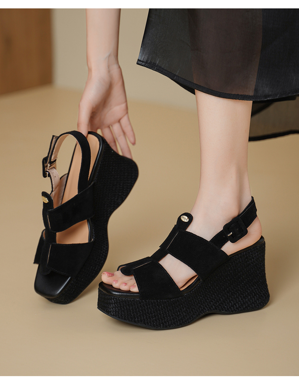 Sandal cao gót nữ hở mũi đế xuồng gót 10 cm quai ngang một khóa — màu đen, màu mơ chi tiết 8