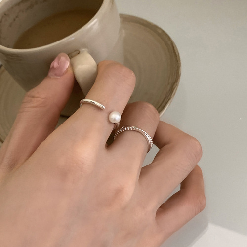  new Korean new minimalist silver pearl open index finger ring ins niche light luxury copper ring for women