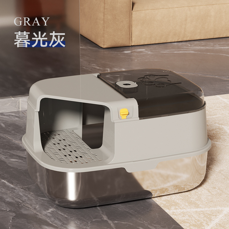 Explosiones transfronterizas de acero inoxidable totalmente cerradas lavabo de arena para gatos super grande anti-spillado desodorante lavabo de arena para gatos tipo pasillo