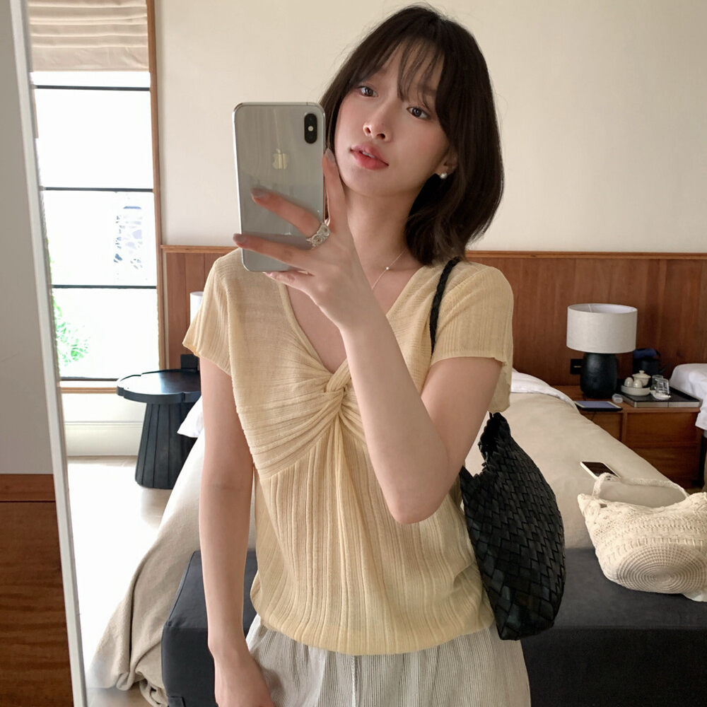 Áo thun nữ tay ngắn cổ V xoắn nút phong cách Pháp, chất liệu linen mềm mại — xanh đậm, Xanh nước biển, hồng nhạt, bạc hà xanh