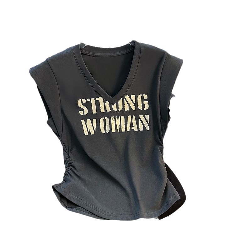 Camiseta de manga voladora pequeña con estampado de letras para mujer de talla grande para mujer verano 2024 nuevas mujeres sueltas y delgadas con cuello en V para mujer