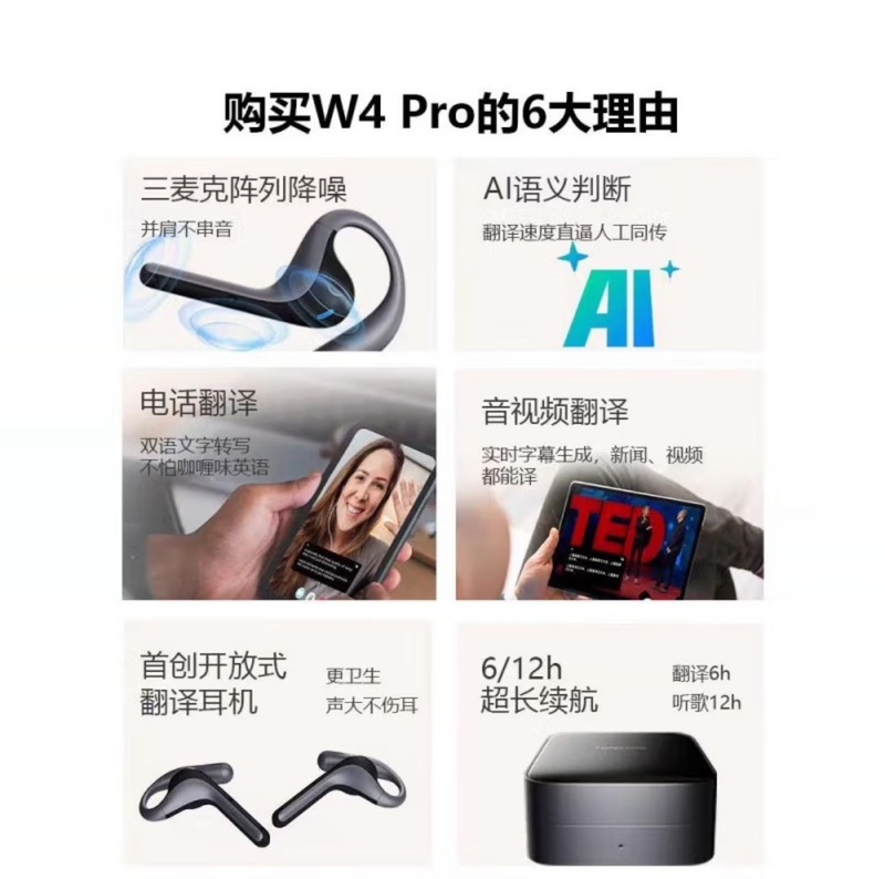 时空壶W4pro同声实时电话翻译器转写会议视频演讲外语开放Al耳机|undefined