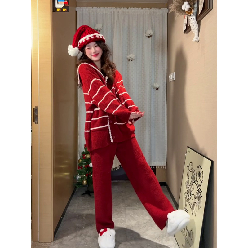 甜美可爱Kitty印花少女半边绒睡衣女秋季新款家居服加厚保暖套装|undefined