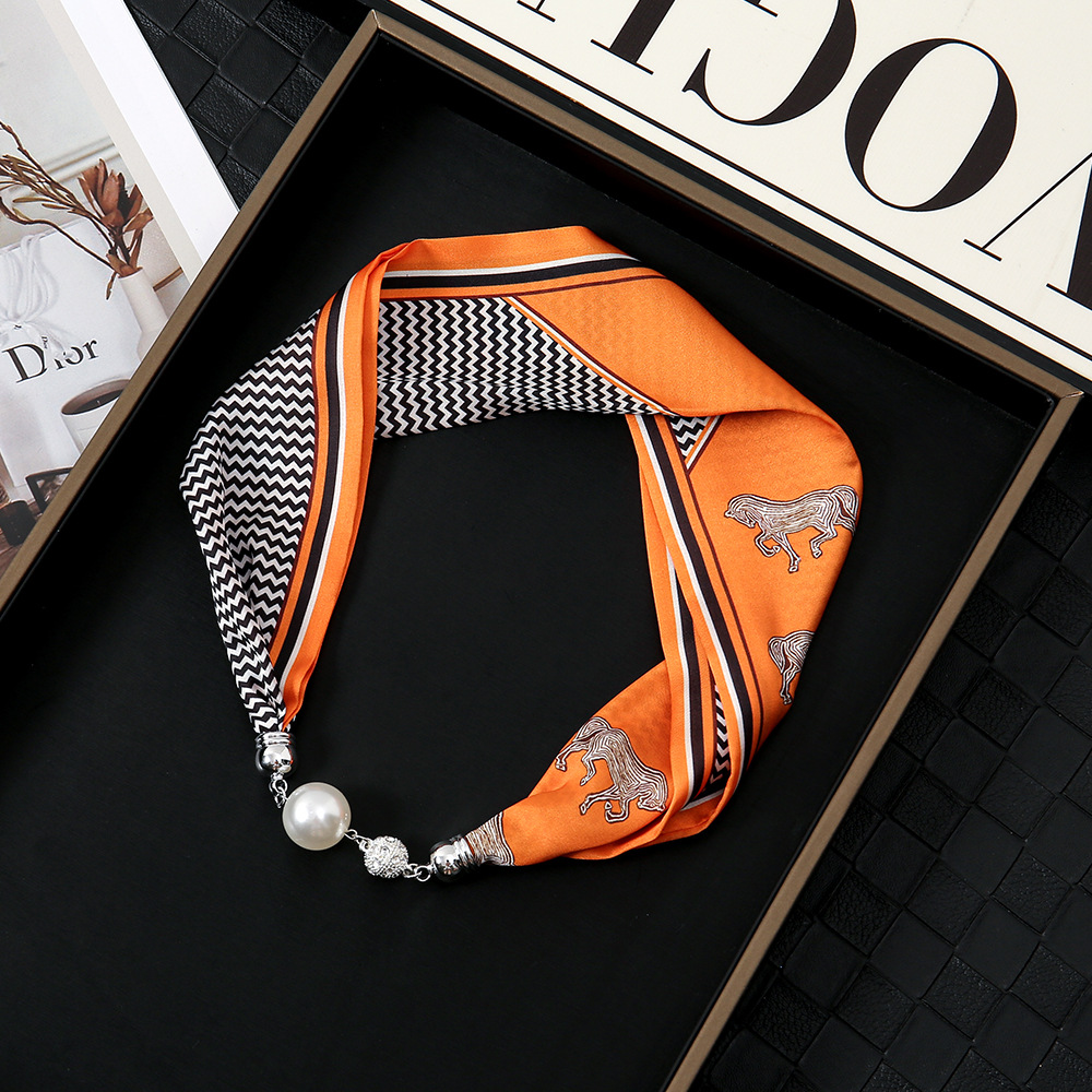 Pañuelo de seda con hebilla magnética de diamantes con incrustaciones de perlas collar mujer retro todo fósforo moda bufanda fina hebilla autocebante babero al por mayor