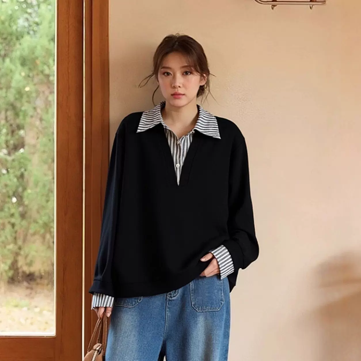 240斤胖mm宽松好看显瘦遮肚上衣秋装假两件条纹衬衫正肩T恤3573